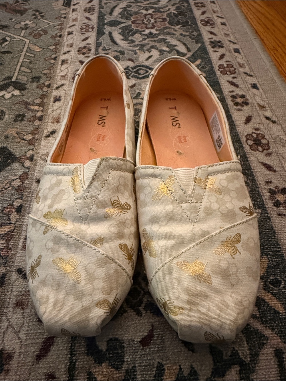 TOMS Cream Slip-On Flats with Gold Bee Print